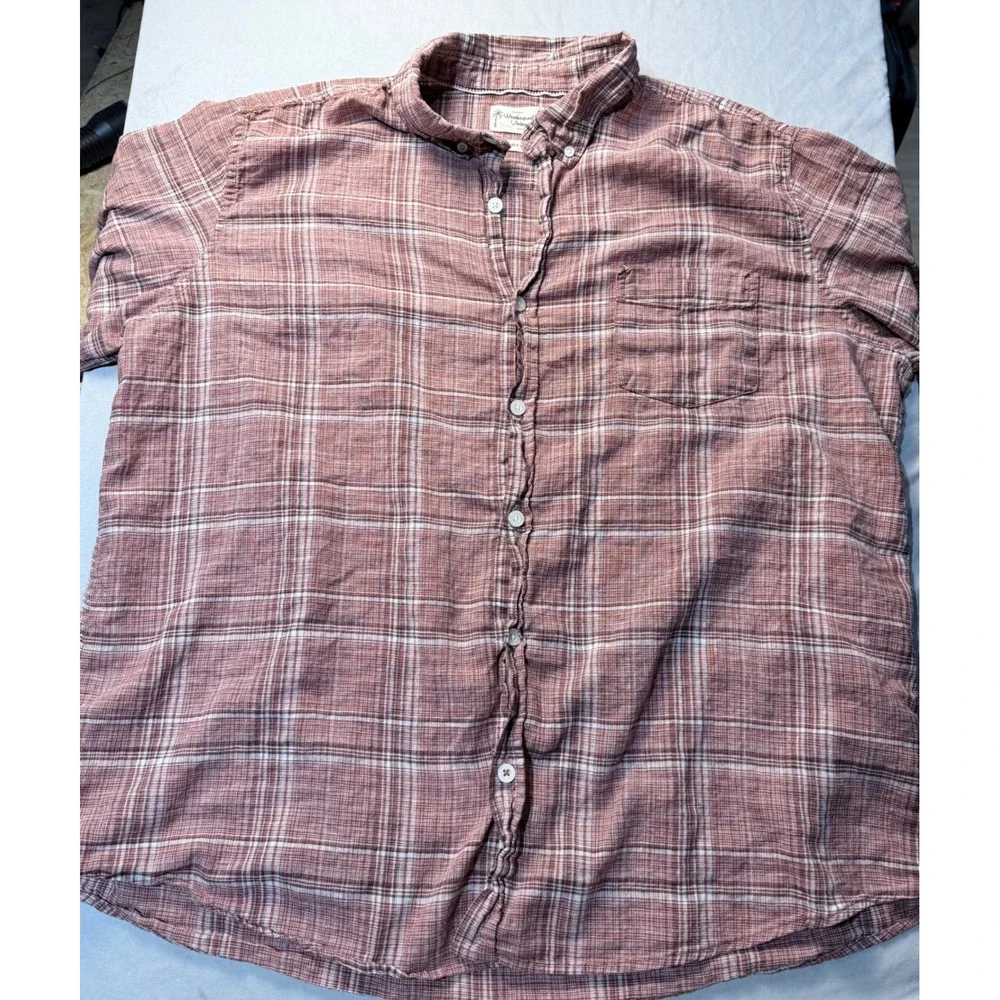 Weatherproof Vintage Mens XXL Short Sleeve Linen Blend Plaid Button Down Shirt